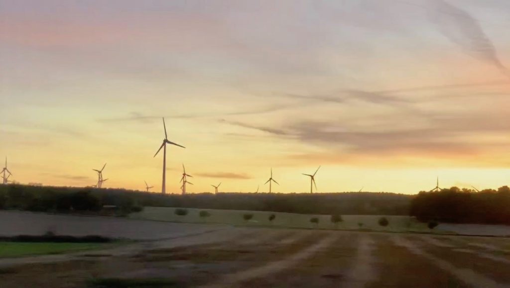 Generating green energy: wind turbines along the route Berlin - Dresden